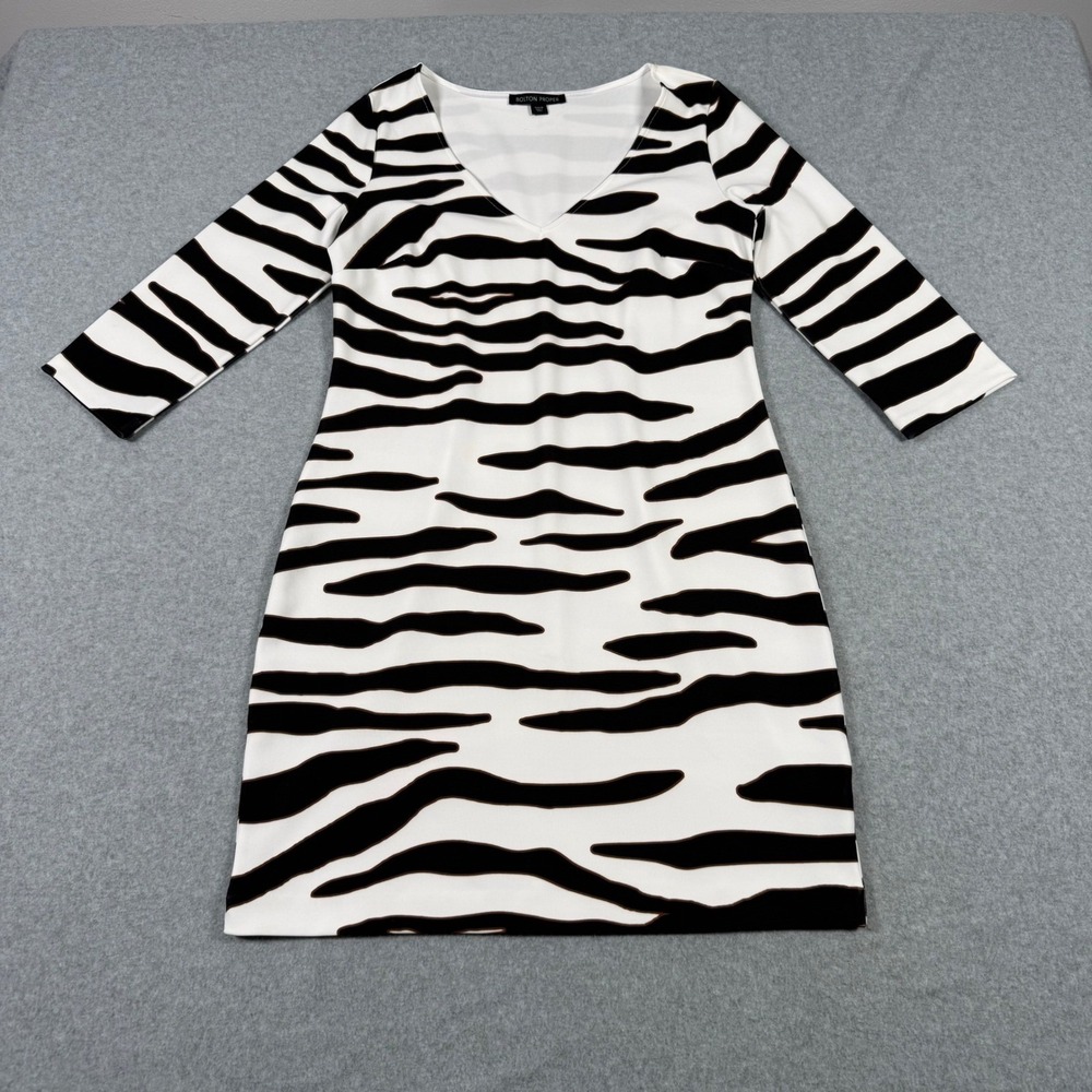 Boston Proper Zebra Print V-Neck 3/4 Sleeve Party Dress Black White Womens M